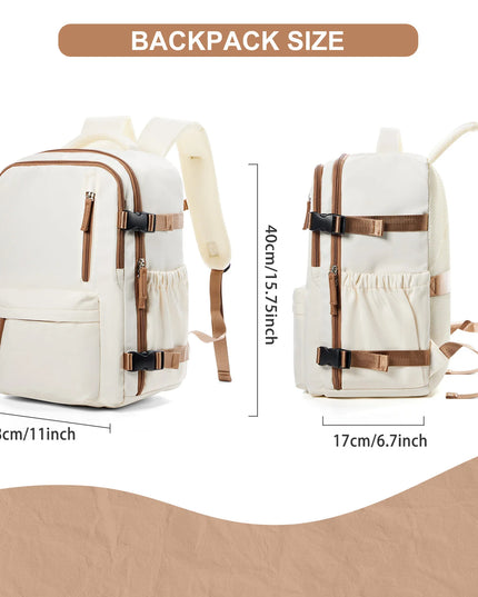 Beiger Handgepäck Rucksack mit Reißverschlüssen und Laptopfach, bereit für die nächste Reise.