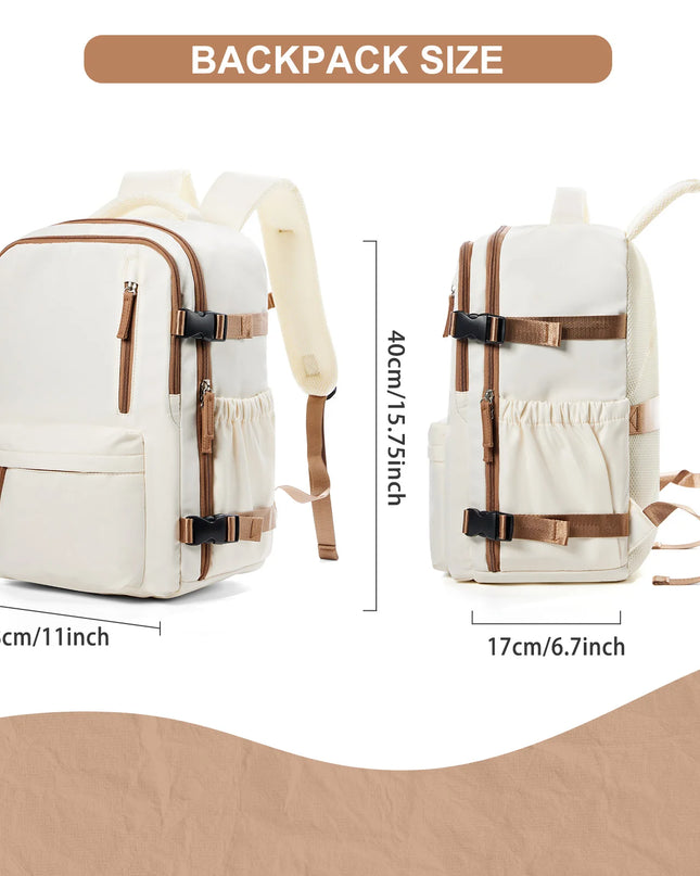 Beiger Handgepäck Rucksack mit Reißverschlüssen und Laptopfach, bereit für die nächste Reise.