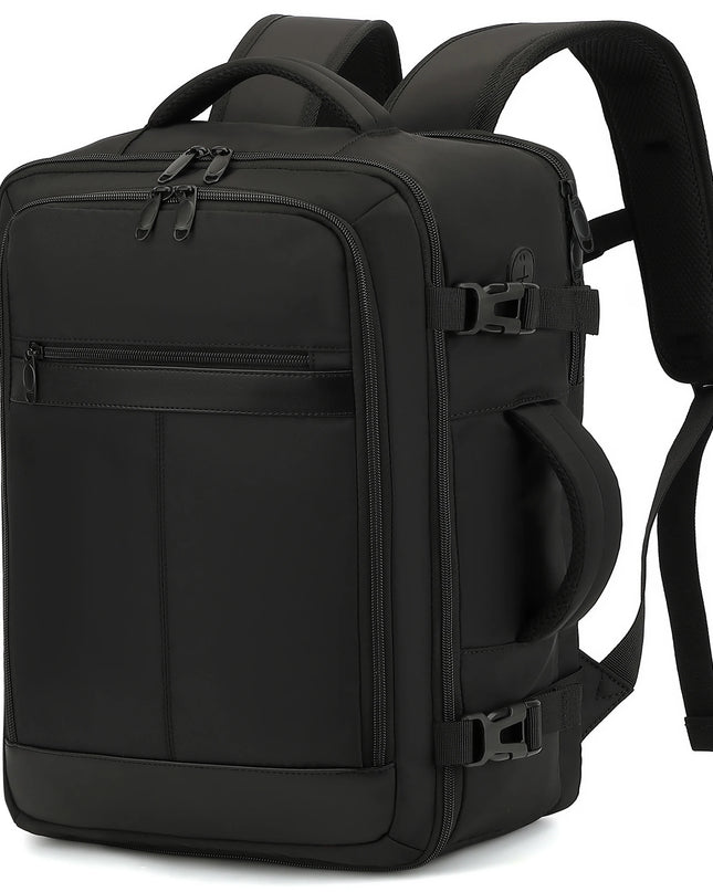 Handgepäck Rucksack in Schwarz mit 24 Litern Fassungsvermögen, bereit für die nächste Reise.