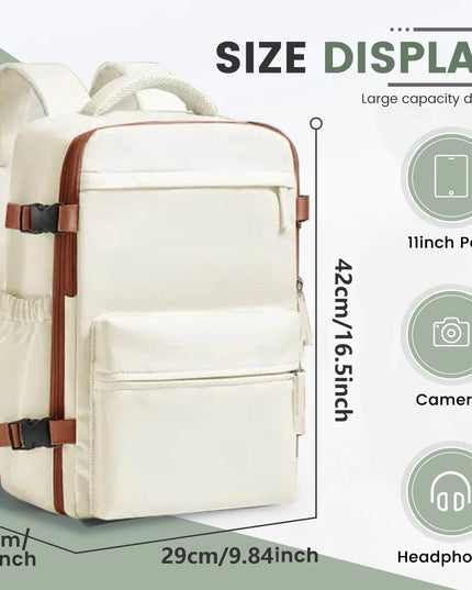 Kompakter Handgepäck Rucksack in Beige, offen und geschlossen, mit Details des Tragesystems.