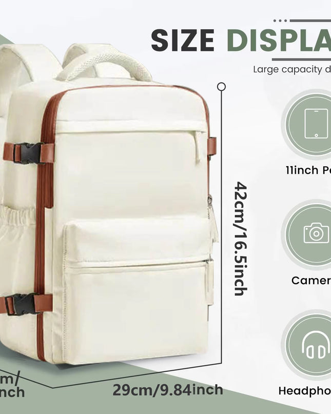 Kompakter Handgepäck Rucksack in Beige, offen und geschlossen, mit Details des Tragesystems.