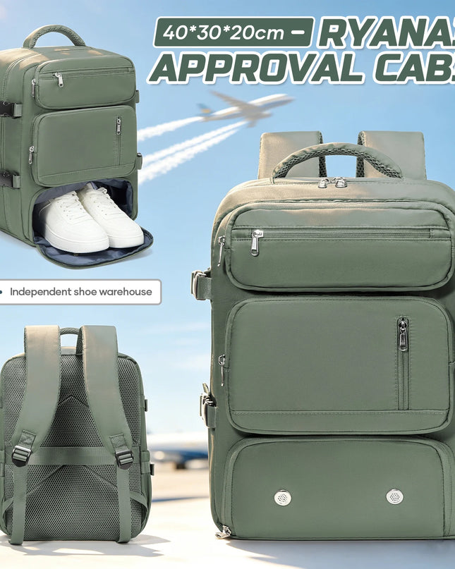 Grüner Handgepäck Rucksack mit vielen Fächern und Laptopfach, ideal für Reisen und Handgepäck.