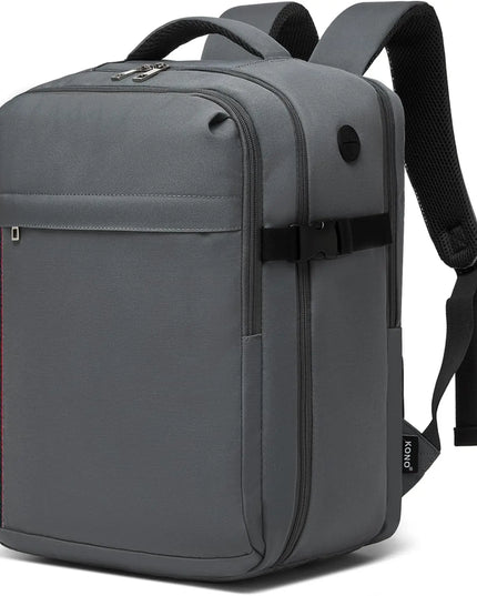 Grauer Handgepäck Rucksack 24L für Reisen, offen und geschlossen, mit Laptopfach und Fächern