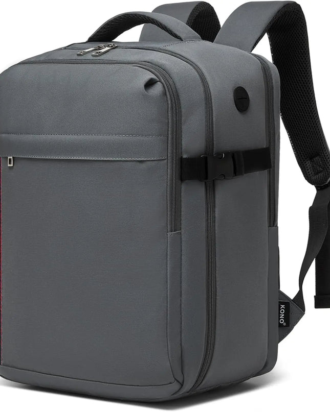 Grauer Handgepäck Rucksack 24L für Reisen, offen und geschlossen, mit Laptopfach und Fächern