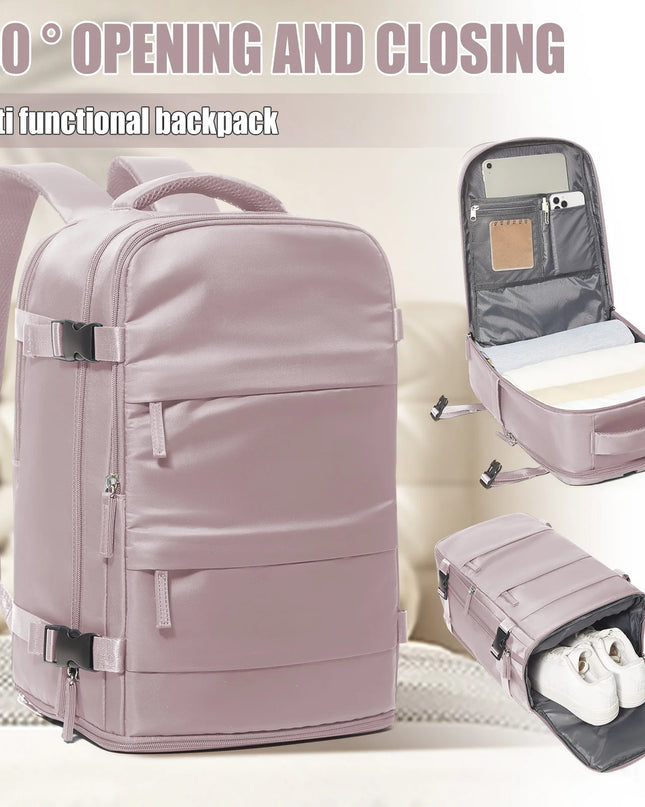 Rosa Handgepäck Rucksack mit Reißverschluss und weichen Griffen, bereit für die nächste Reise
