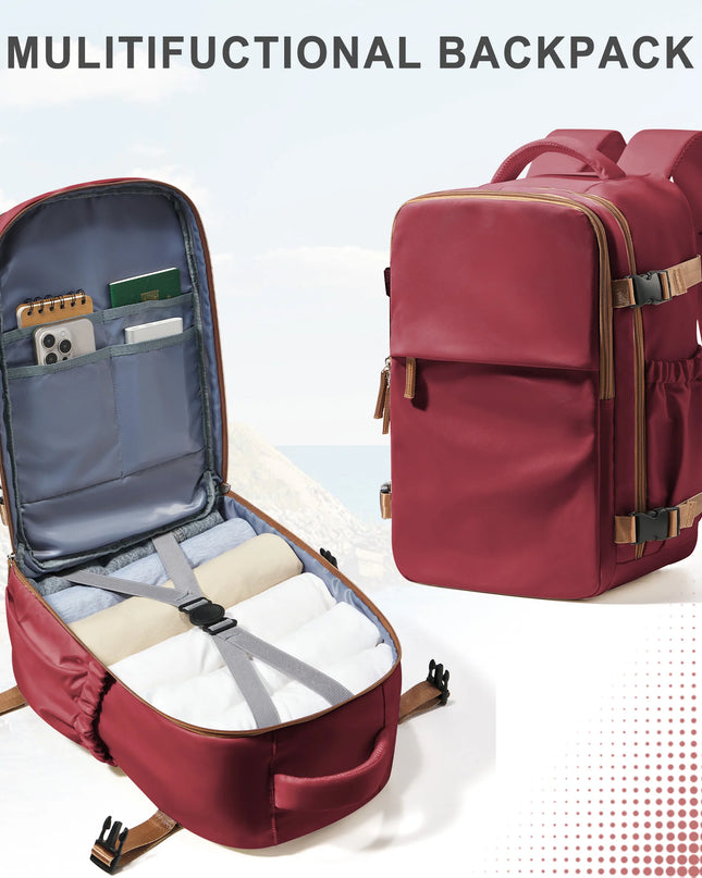 Weinroter Handgepäck Rucksack mit Reißverschluss und ergonomischen Schultergurten, bereit für die nächste Reise