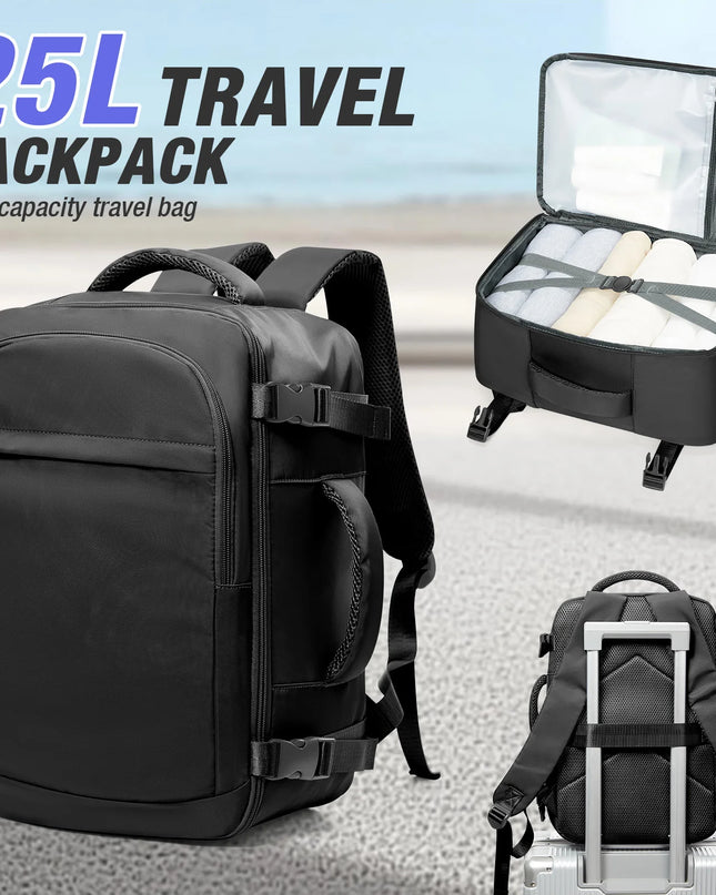 Leichter Handgepäck Rucksack in Schwarz mit 20-35 Litern Volumen und weichem Tragegriff, ideal für Reisen.