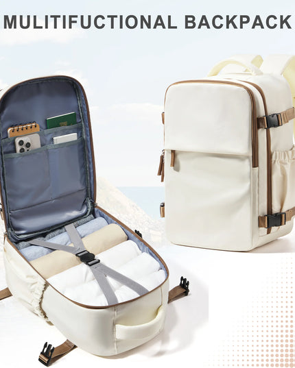 Ein kompakter Handgepäck Rucksack in Beige, offen mit Laptopfach und verschiedenen Fächern