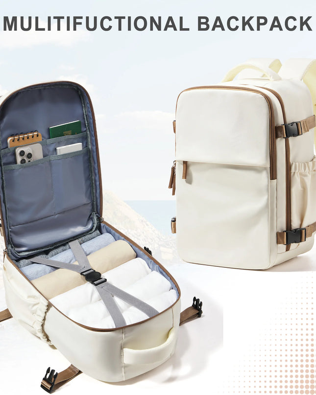 Ein kompakter Handgepäck Rucksack in Beige, offen mit Laptopfach und verschiedenen Fächern