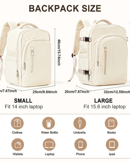 Eleganter Handgepäck Rucksack in Beige, ideal für Reisen mit Laptopfach und vielen Fächern.