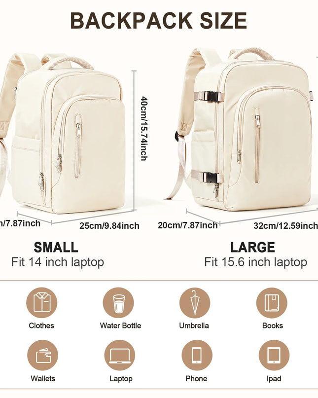 Eleganter Handgepäck Rucksack in Beige, ideal für Reisen mit Laptopfach und vielen Fächern.