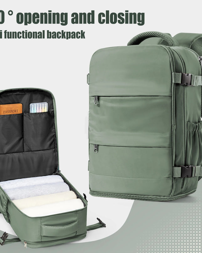 Ein olivgrüner Handgepäck Rucksack (20-35L) von vorne, bereit für die nächste Reise.