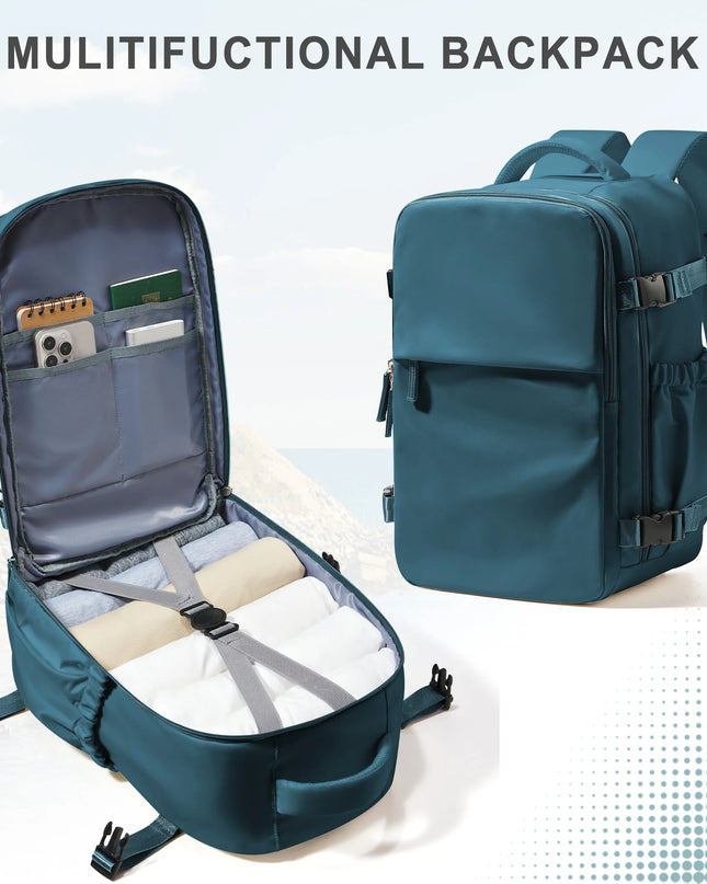 Handgepäck Rucksack in Petrol, kompakt und funktional für Reisen mit Laptopfach und Organizer
