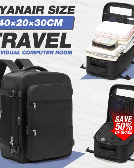 Handgepäck Rucksack in Schwarz aus Nylon, ideal für Reisen mit Laptopfach und verschiedenen Innenfächern.