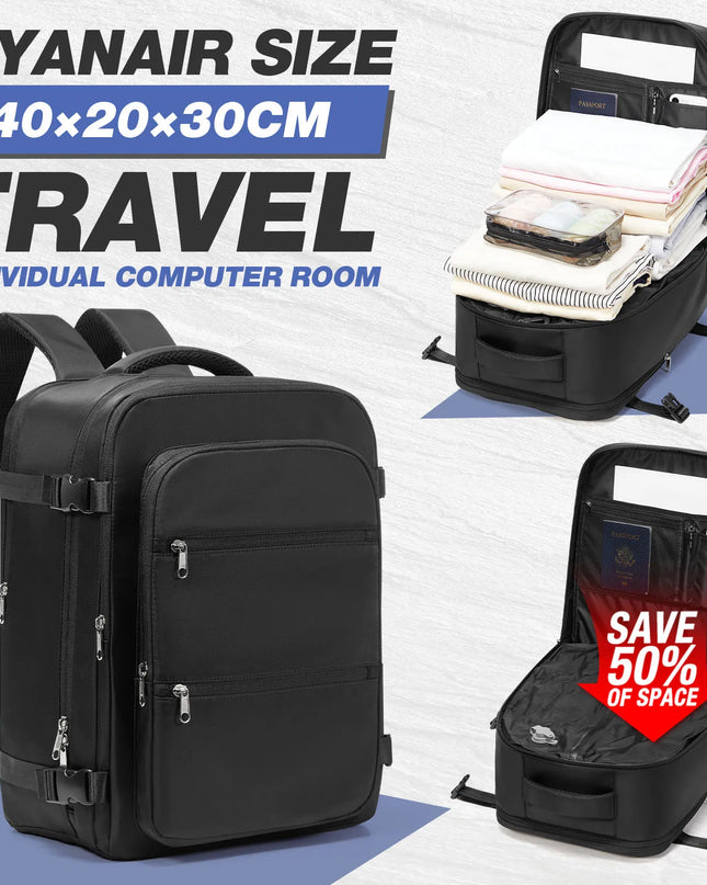 Handgepäck Rucksack in Schwarz aus Nylon, ideal für Reisen mit Laptopfach und verschiedenen Innenfächern.