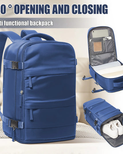 Handgepäck Rucksack in Dunkelblau, ideal für Reisen und als flexibler Begleiter.