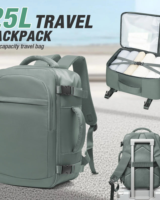 Grüner Handgepäck Rucksack 20-35L mit Reißverschlüssen und Tragegurten, bereit für die Reise