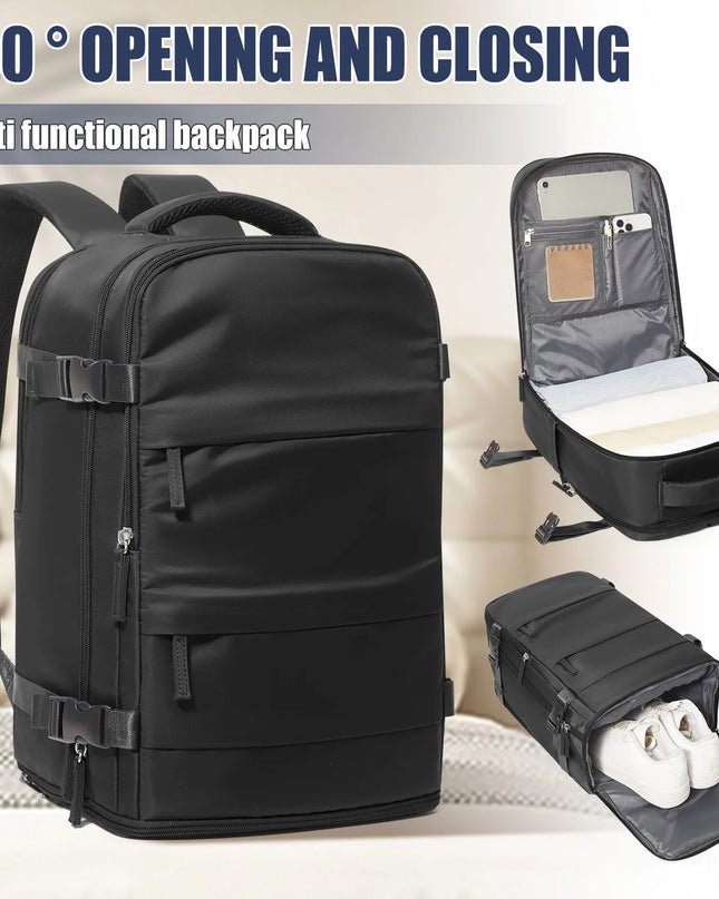 Schwarzer Handgepäck Rucksack mit 20-35 Litern Fassungsvermögen, weichen Griffen und Reißverschluss