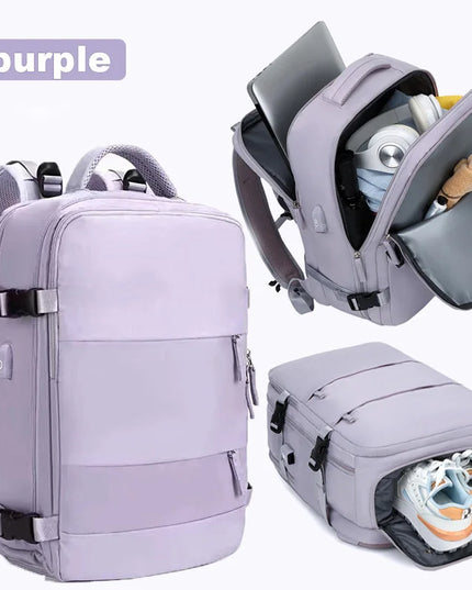 Lila Handgepäck Rucksack 20-35L für Flugreisen, offen mit verschiedenen Fächern für Laptop und Schuhe