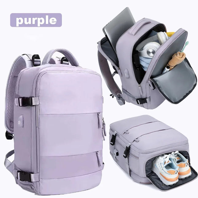 Lila Handgepäck Rucksack 20-35L für Flugreisen, offen mit verschiedenen Fächern für Laptop und Schuhe