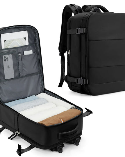 Eleganter Handgepäck Rucksack in Schwarz mit Laptopfach und Reißverschluss, ideal für Flugreisen.