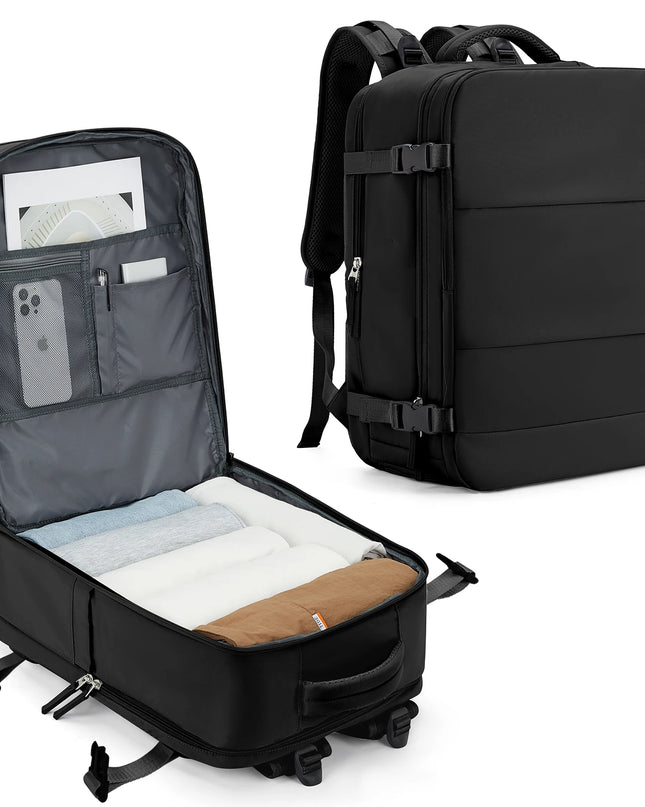 Eleganter Handgepäck Rucksack in Schwarz mit Laptopfach und Reißverschluss, ideal für Flugreisen.
