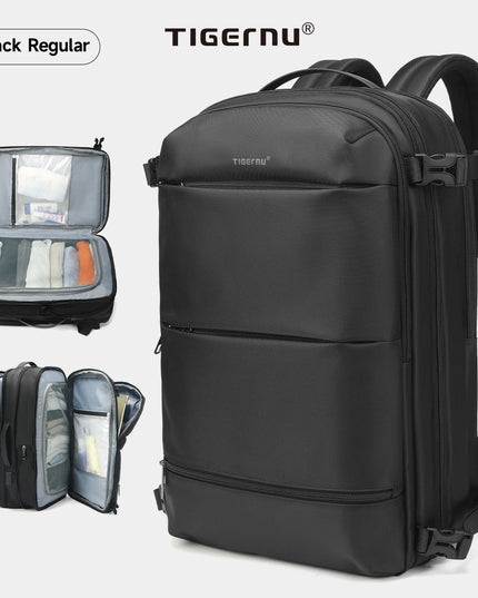 Schwarzer Tigernu Handgepäck Rucksack 36-55L erweiterbar, von vorne mit Reißverschluss
