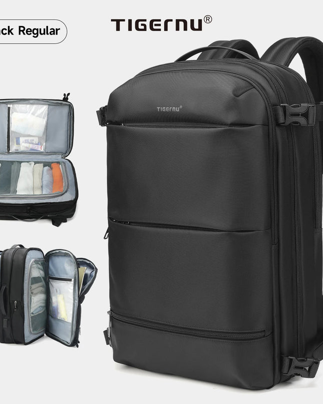 Schwarzer Tigernu Handgepäck Rucksack 36-55L erweiterbar, von vorne mit Reißverschluss