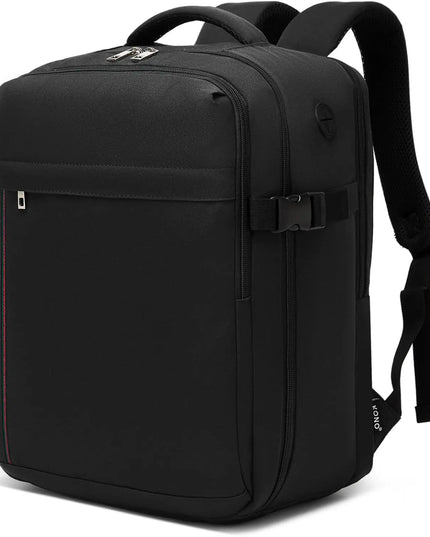 Schwarzer Handgepäck Rucksack 24L, perfekt für Eurowings, auf weißem Hintergrund, von vorne und seitlich