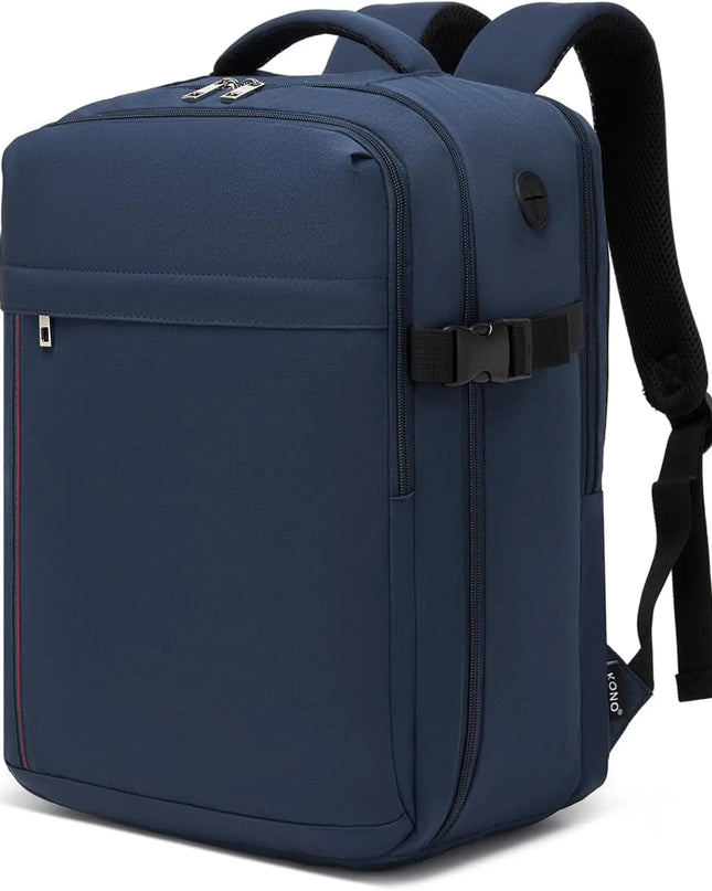 Blauer Handgepäck Rucksack 24L von vorne und im Detail, perfekt für Eurowings Flüge.