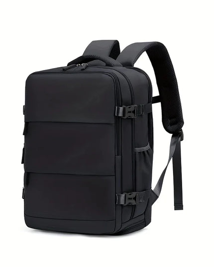 Schwarzer Handgepäck Rucksack 40x30x20 cm für Ryanair-Reisen, auf einem neutralen Hintergrund liegend