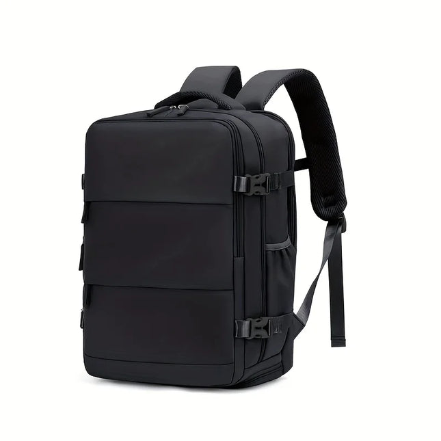 Schwarzer Handgepäck Rucksack 40x30x20 cm für Ryanair-Reisen, auf einem neutralen Hintergrund liegend