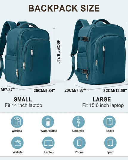Handgepäck Rucksack in Petrol, geöffnet mit Laptop und Fächern, von vorne und seitlich auf einem neutralen Hintergrund.