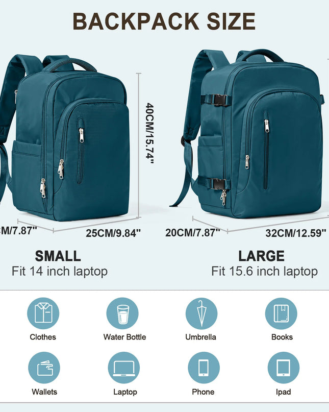 Handgepäck Rucksack in Petrol, geöffnet mit Laptop und Fächern, von vorne und seitlich auf einem neutralen Hintergrund.