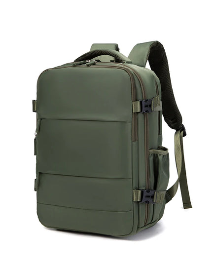 Olivgrüner Handgepäck Rucksack 40x30x20 cm, von vorne mit Reißverschluss-Fächern
