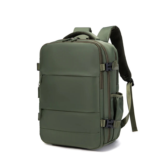 Olivgrüner Handgepäck Rucksack 40x30x20 cm, von vorne mit Reißverschluss-Fächern