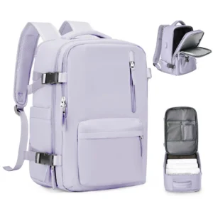 Lila Handgepäck Rucksack für Damen mit Reißverschluss und weichen Schultergurten, ideal für Flugreisen.