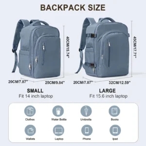 Handgepäck Rucksack in Dunkelblau, geöffnet mit Laptopfach und verschiedenen Fächern für Reisen