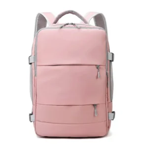 Pinker Handgepäck Rucksack 40 Liter mit Laptopfach und Schuhfach, geöffnet und geschlossen, vor hellem Hintergrund.