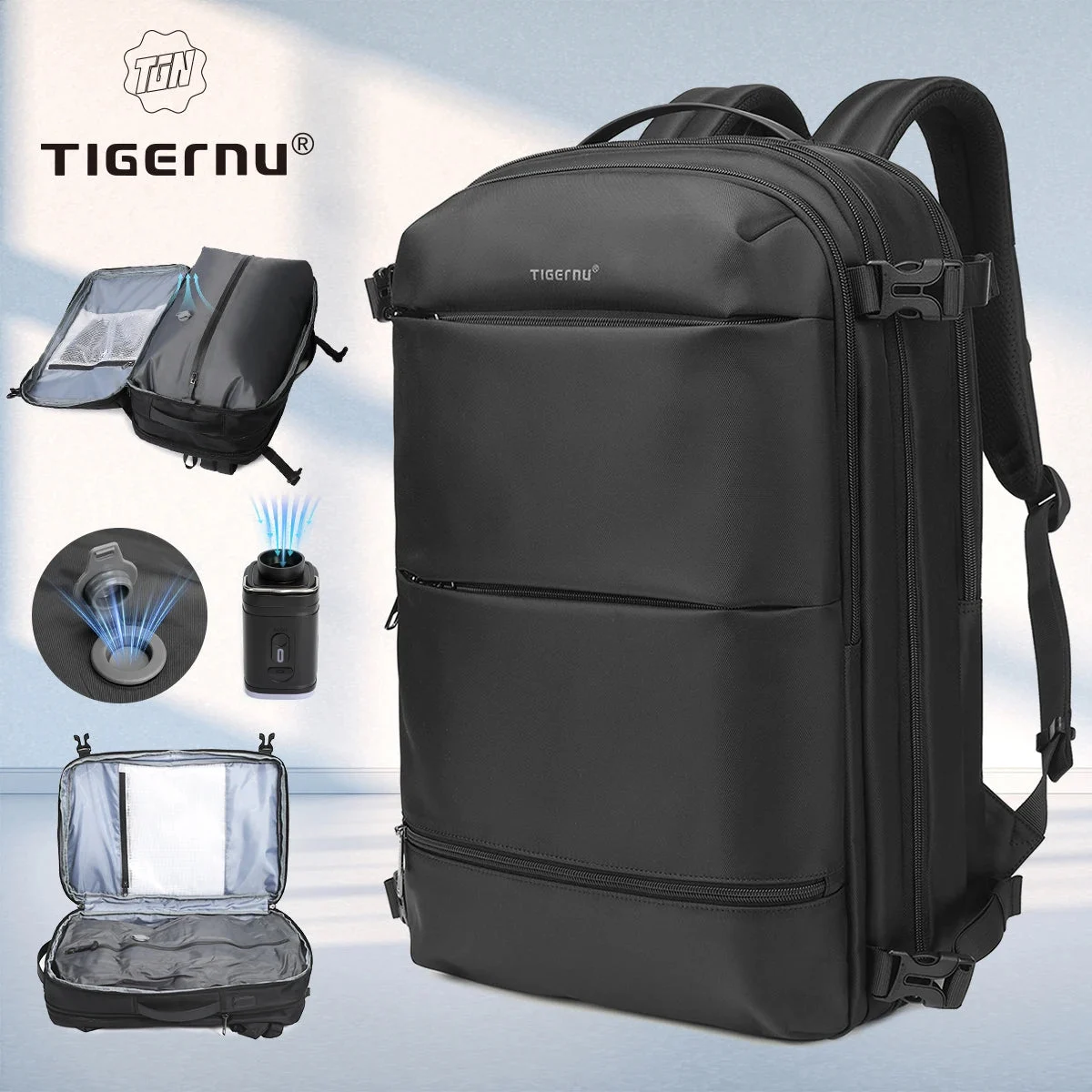 Handgepäck Rucksack Schwarz: 36-55L erweiterbar – Bild 2