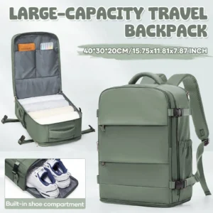 Grüner Handgepäck Rucksack mit Reißverschluss und weichen Trägern, ideal für Reisen und als Handgepäck.