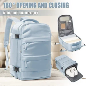 Blauer Handgepäck Rucksack für Reisen, mit Reißverschluss und weichem Tragegriff, 20-35 Liter Volumen