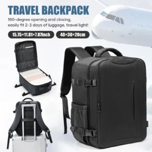 Schwarzer Handgepäck Rucksack, faltbar und erweiterbar, mit Laptopfach und bequemen Tragesystem