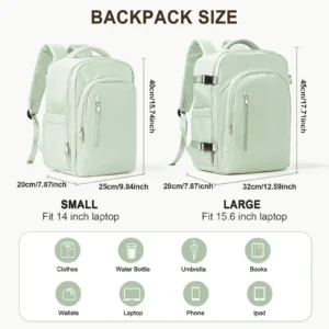 Hellgrüner Handgepäck Rucksack mit vielen Fächern und Laptopfach, ideal für Reisen und Kurzflüge.