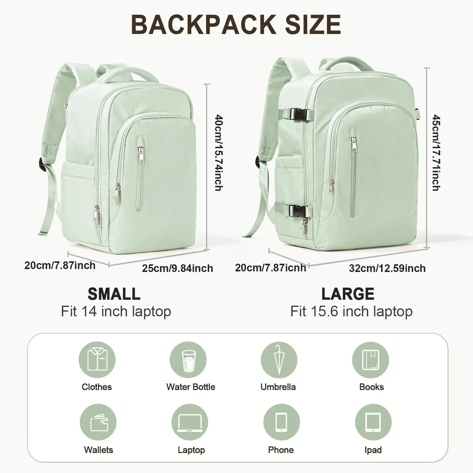 Hellgrüner Handgepäck Rucksack mit vielen Fächern und Laptopfach, ideal für Reisen und Kurzflüge.