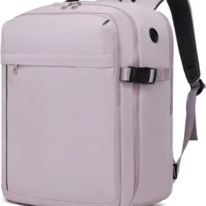 Lila Handgepäck Rucksack 24L für Eurowings Flüge, auf einem Flughafen-Trolley liegend.