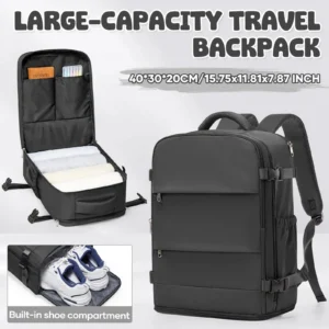 Schwarzer Handgepäck Rucksack mit viel Stauraum und praktischen Fächern, ideal für Reisen und Kurzaufenthalte