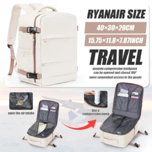 Beiger Handgepäck Rucksack mit 20-35 Liter Volumen, bereit für die nächste Reise.