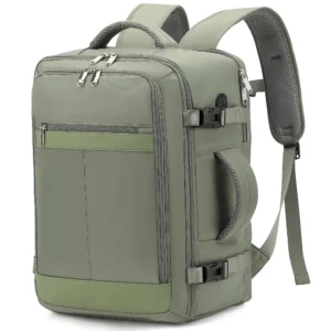Kompakter olivgrüner Handgepäck Rucksack 24L für Damen und Herren, ideal für Reisen und Fluggepäck.