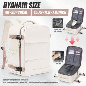 Beiger Handgepäck Rucksack 20-35L mit Air Cushion Belt Tragesystem, auf einem Flughafenboden stehend.